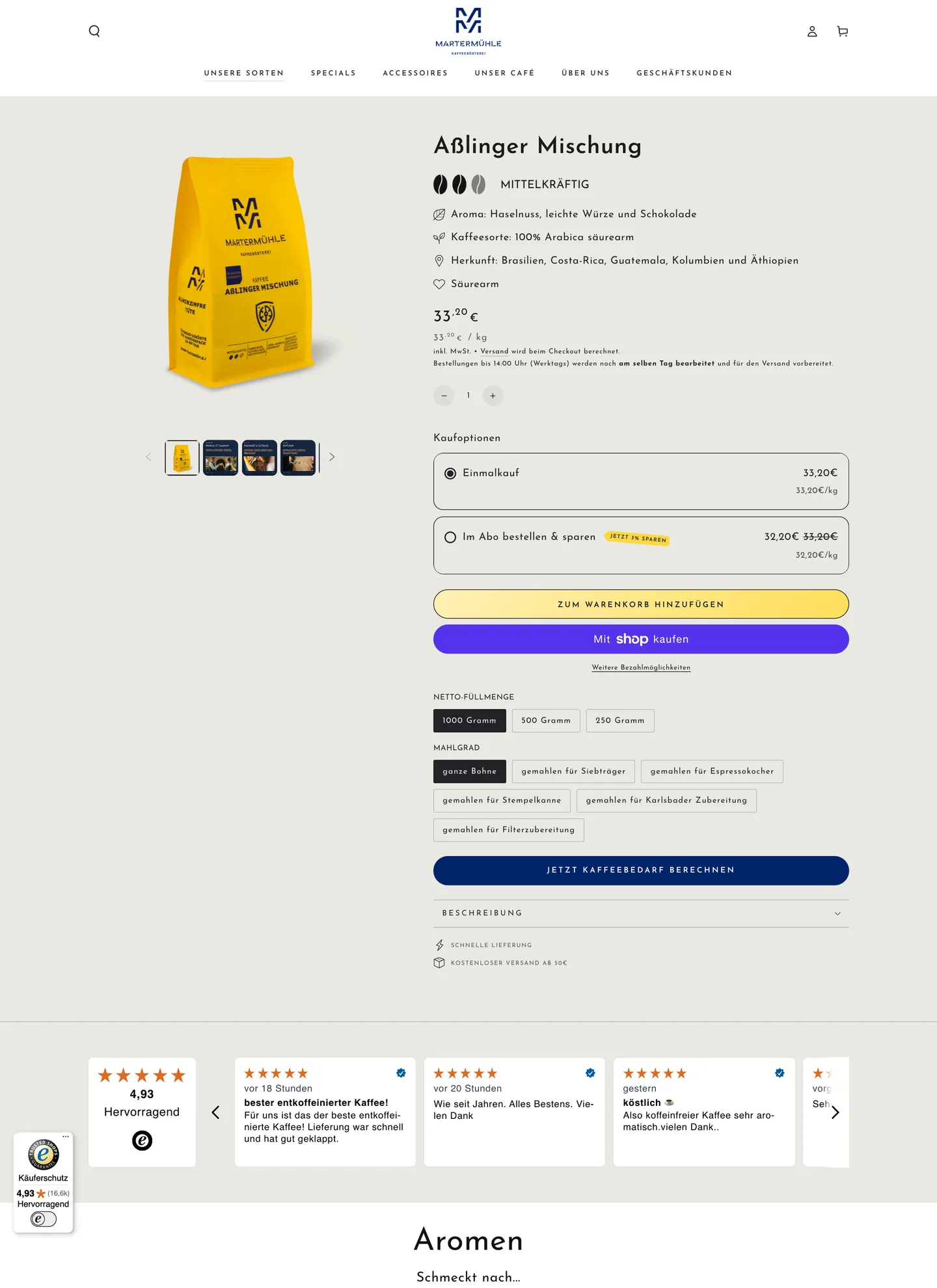 Produktseite der Aßlinger Mischung im Onlineshop der Martermühle