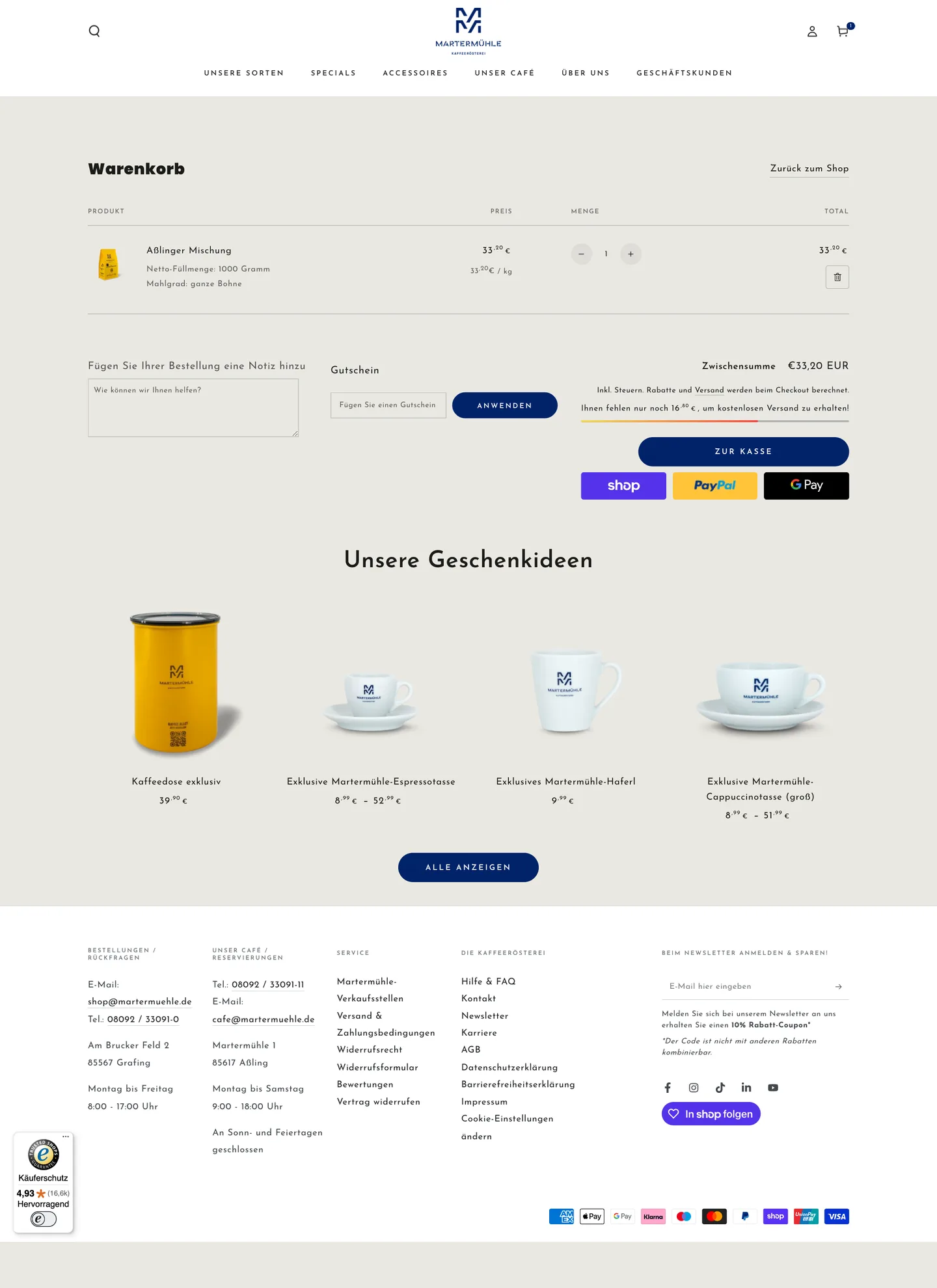 Warenkorb im Onlineshop der Martermühle