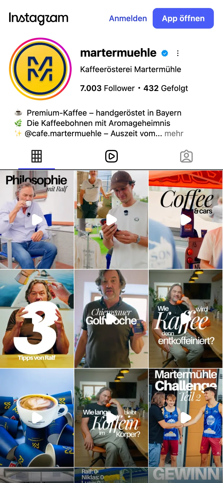 Instagram-Profil der Kaffeerösterei Martermühle auf einem Smartphone
